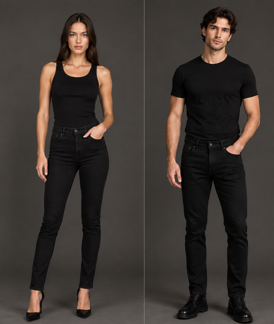 Male and female all-black casting and digitals outfit reference for Models Cyprus and LCA Studios Content Day