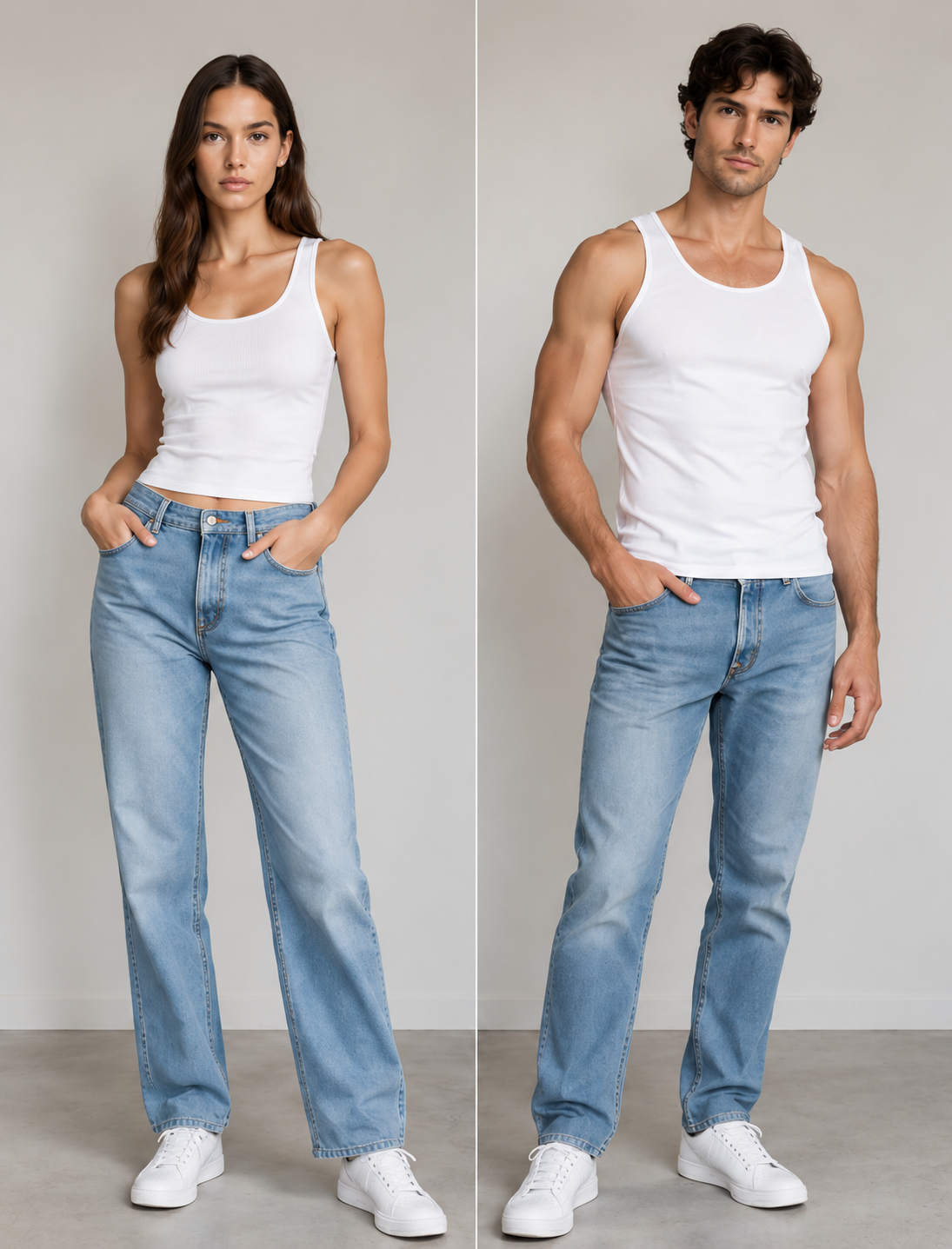 Street style outfit reference with white tops and blue jeans for Models Cyprus Content Day